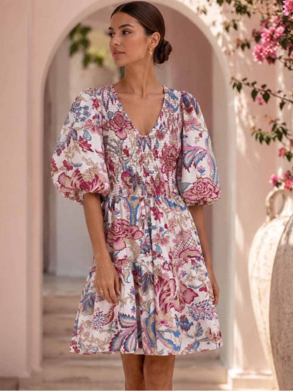 Lola Australia Floral Smocked Puff Sleeve Cotton Mini Dress XS